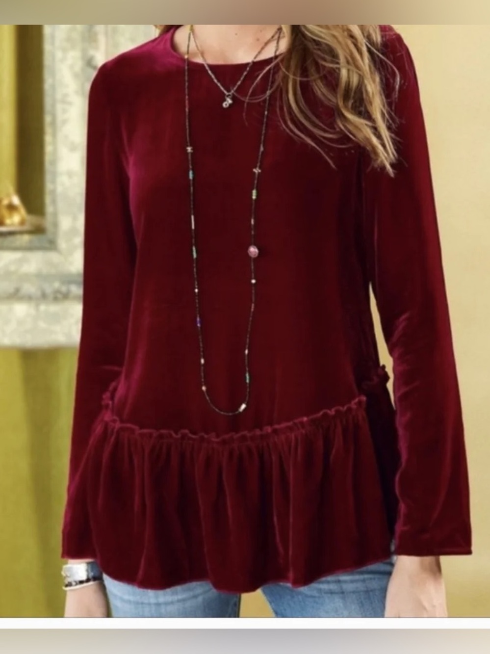 Sundance Silk Blend Women's Velvet Peplum Long-Sleeve Top - Burgundy